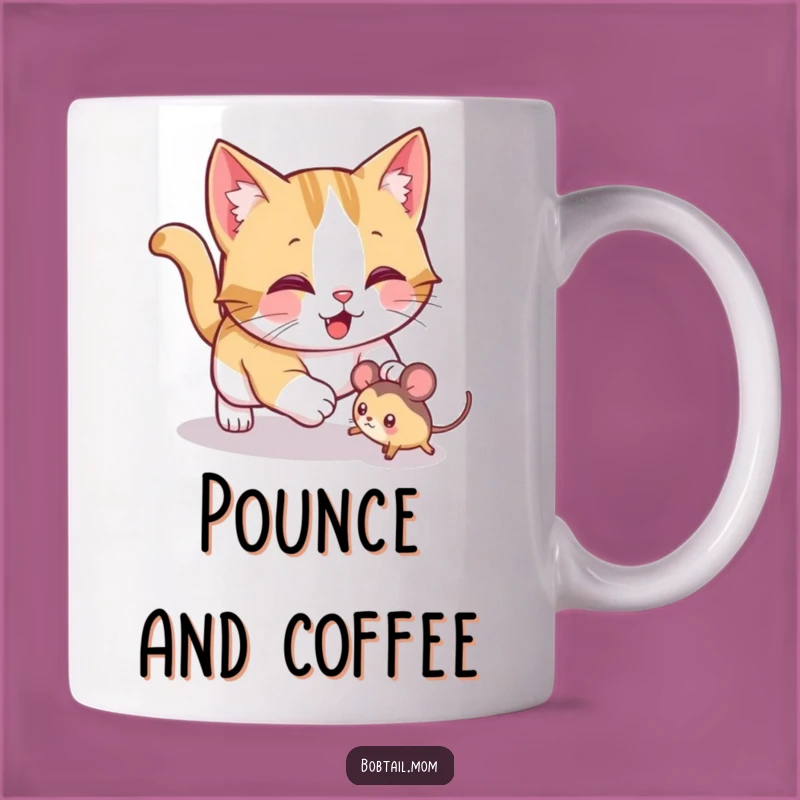 Funny Bobtail Cat Pounce Mug: Playful Toy Mouse Design for Hunter Gift