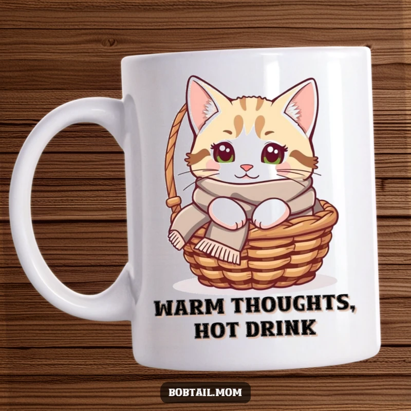 Funny Bobtail cat mug featuring a cat with a cozy scarf peeking out from a small basket, evoking warmth.