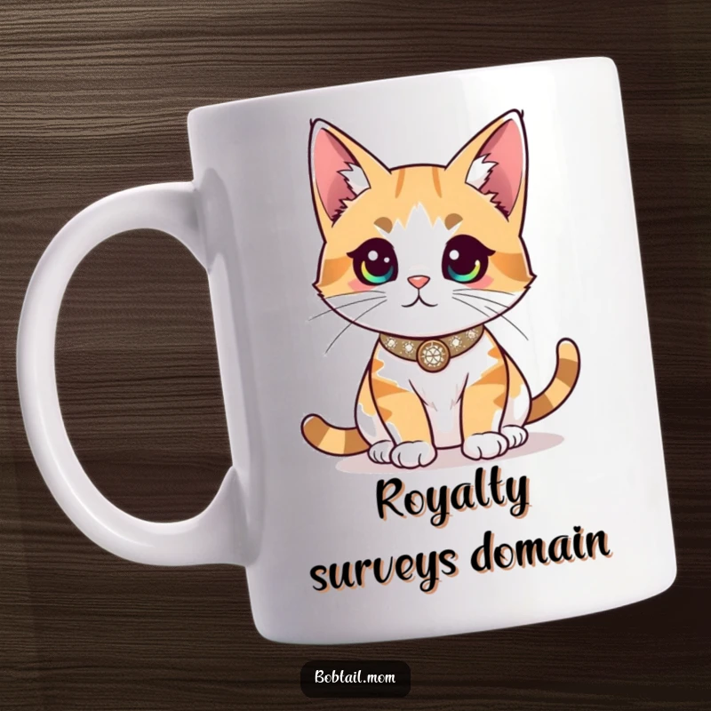 Funny Bobtail cat wearing a sparkly collar, surveying the room with an air of regal confidence and playful curiosity.