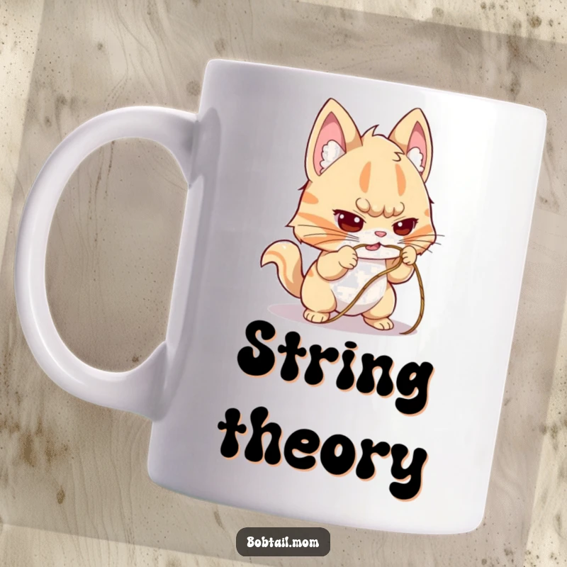 Funny Bobtail Mug showing a dog with a determined expression, intently trying to untangle a knotted string, a humorous depiction of focus.