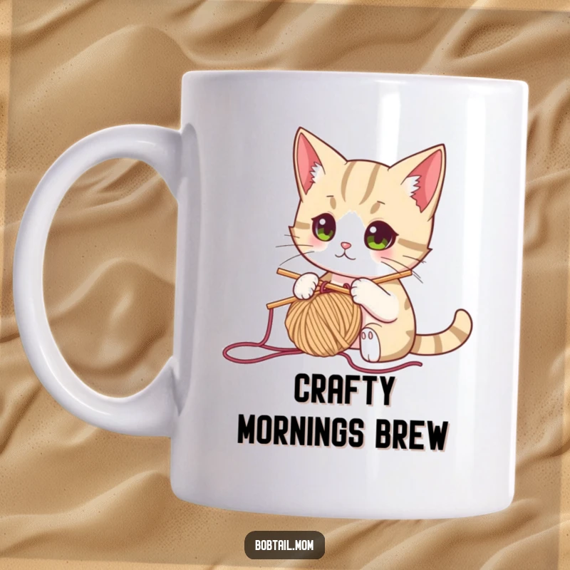 Funny bobtail cat focused on knitting with yarn and needle, bringing crafty humor to a mug.