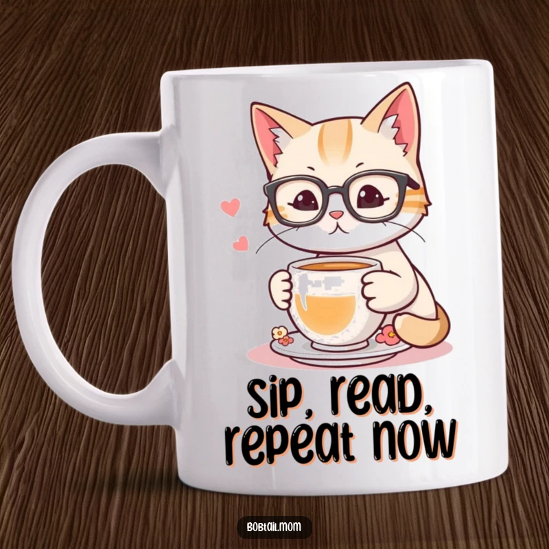 Funny mug featuring a bobtail cat wearing reading glasses, holding a teacup, embodying cozy and intellectual charm.