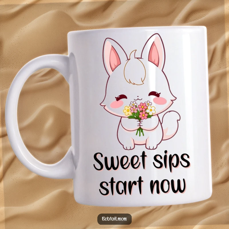 Funny Bobtail Mug: A shy bobtail cat with a sweet smile offers a small bouquet of flowers, conveying gentle kindness.