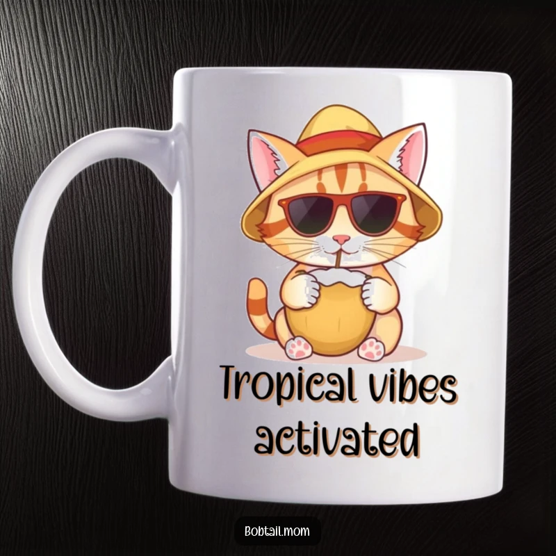 Funny mug with a bobtail cat wearing a sun hat, leisurely sipping from a coconut, embodying pure tropical relaxation.