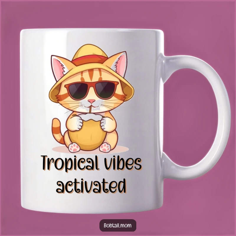 Funny Tropical Cat Bobtail Mug: Coconut Sipping Hilarious Gift for Vacation Vibes