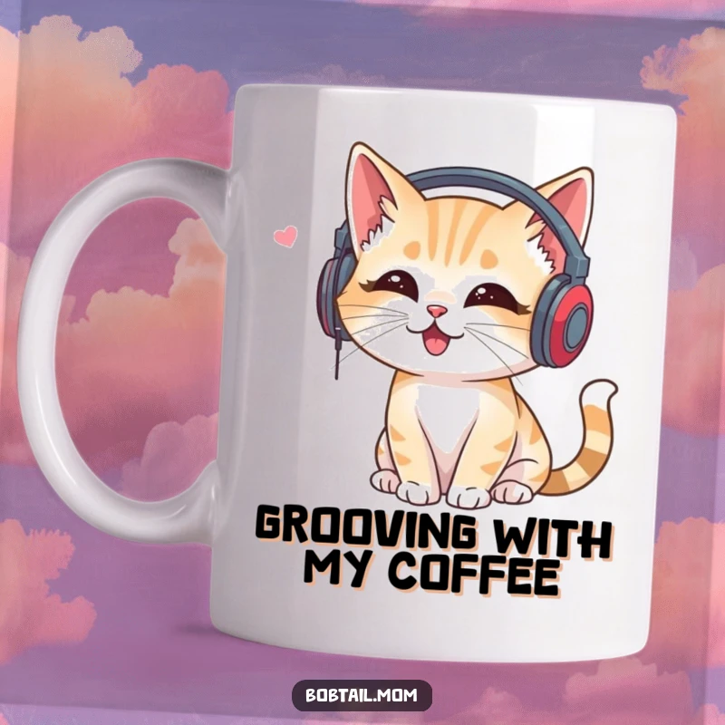 Funny DJ Bobtail Cat Mug: Cat wearing headphones, listening to music joyfully, exuding musical bliss.