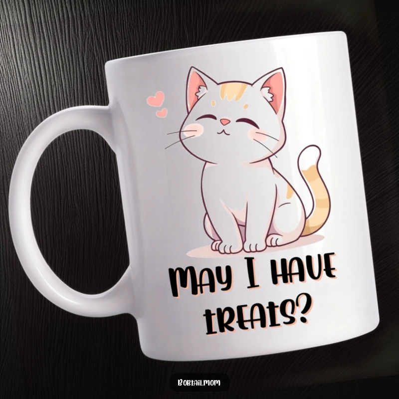 Funny Bobtail Cat Mug featuring a Bobtail cat gently swishing its tail and offering a soft, endearing meow.