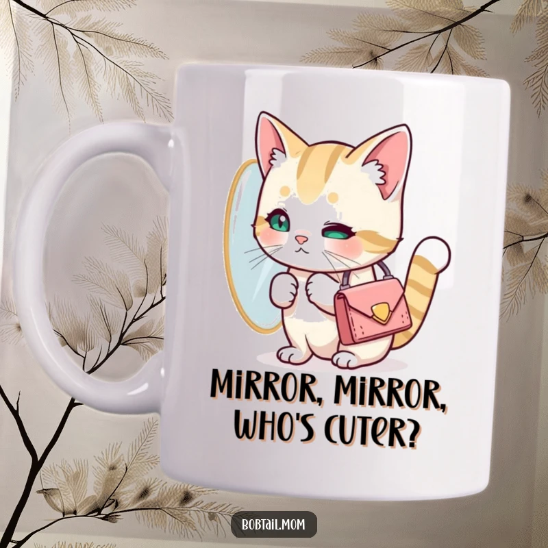 Funny Bobtail cat holding a tiny purse, gazing into a mirror with a self-assured look. A humorous and chic mug for cat lovers.