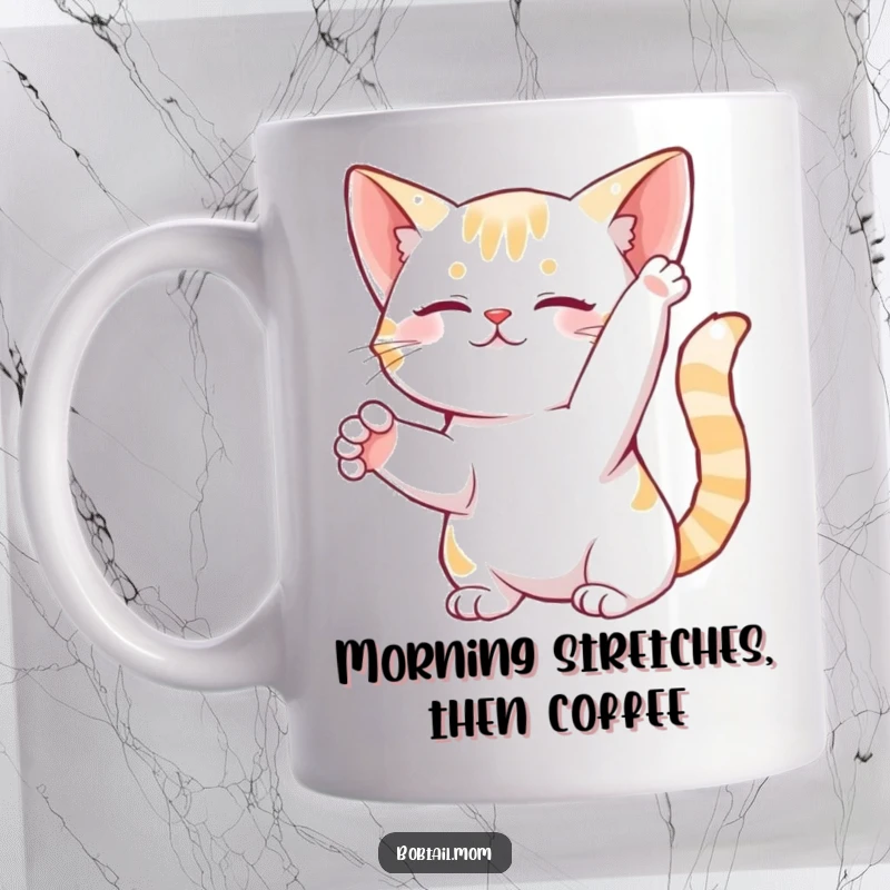 Funny Bobtail Cat Mug featuring a graceful feline performing a gentle stretch, capturing serene yet humorous movement.