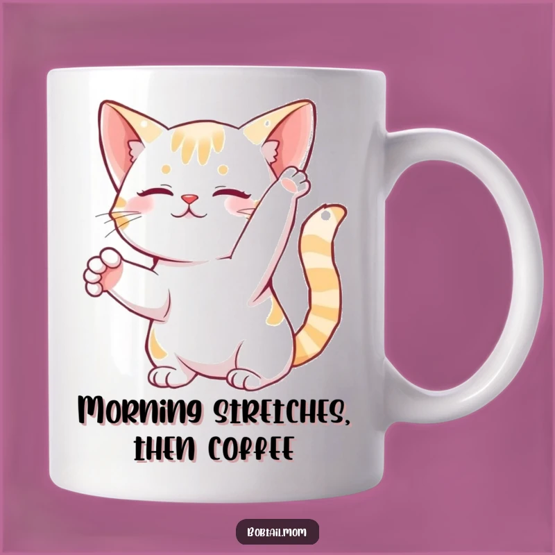 Funny Bobtail Cat Stretch Mug: Graceful Feline Yoga Pose, Perfect Funny Gift