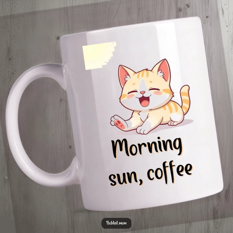 Funny mug featuring a cute Bobtail cat stretching lazily and yawning in a warm patch of sunlight, pure feline bliss.