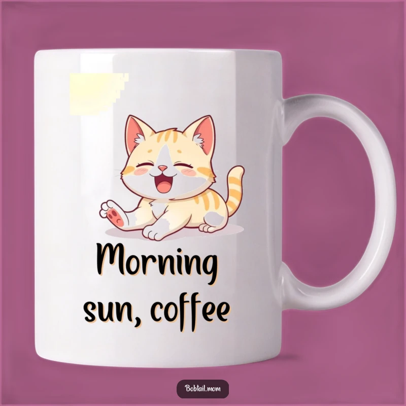 Funny Bobtail Cat Mug: Cute Cat Yawning in Sunlight