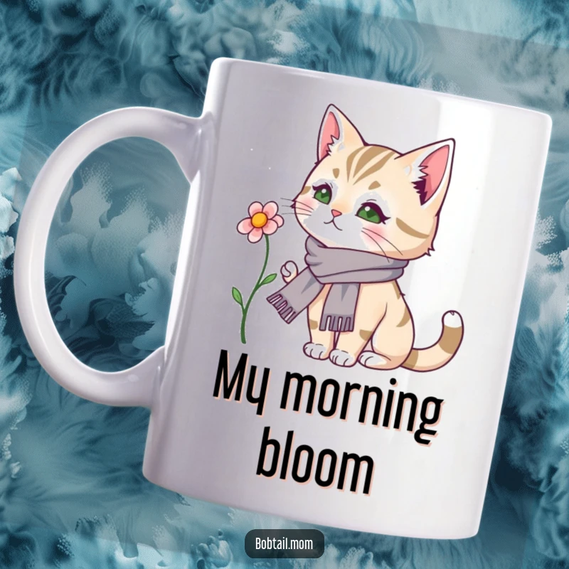 Funny Bobtail Cat Mug: A stylish cat in a dainty scarf delicately sniffs a vibrant flower, embodying sophisticated humor.