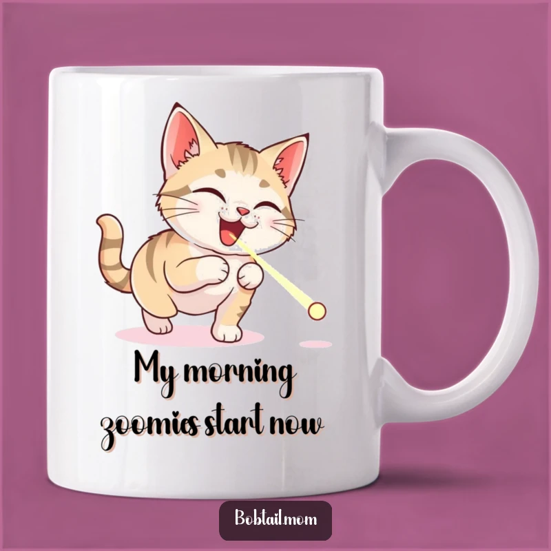 Funny Bobtail Cat Mug: Delighted Kitty Chasing Laser Dot, Perfect Funny Gift