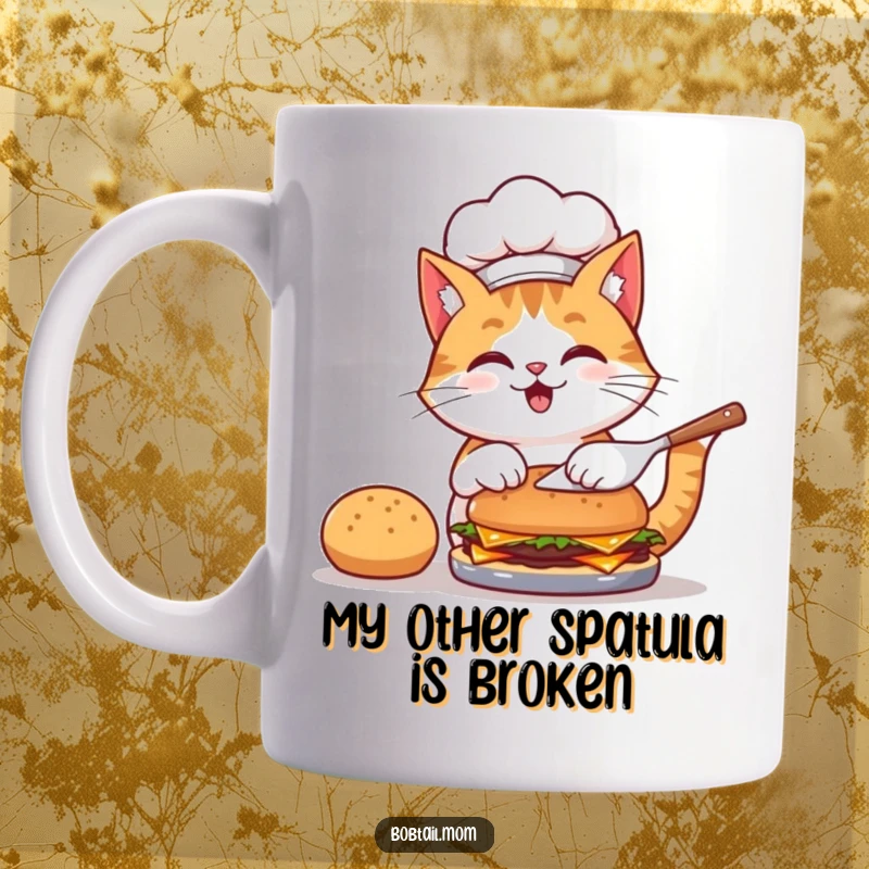 Funny mug with a bobtail cat chef wearing a hat, happily flipping a juicy burger, ready to cook up some laughs.
