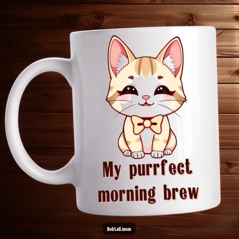 Funny Bobtail Cat Mug with a charming smile and a tiny bowtie, exuding pure joy and sophistication, perfect for a laugh.