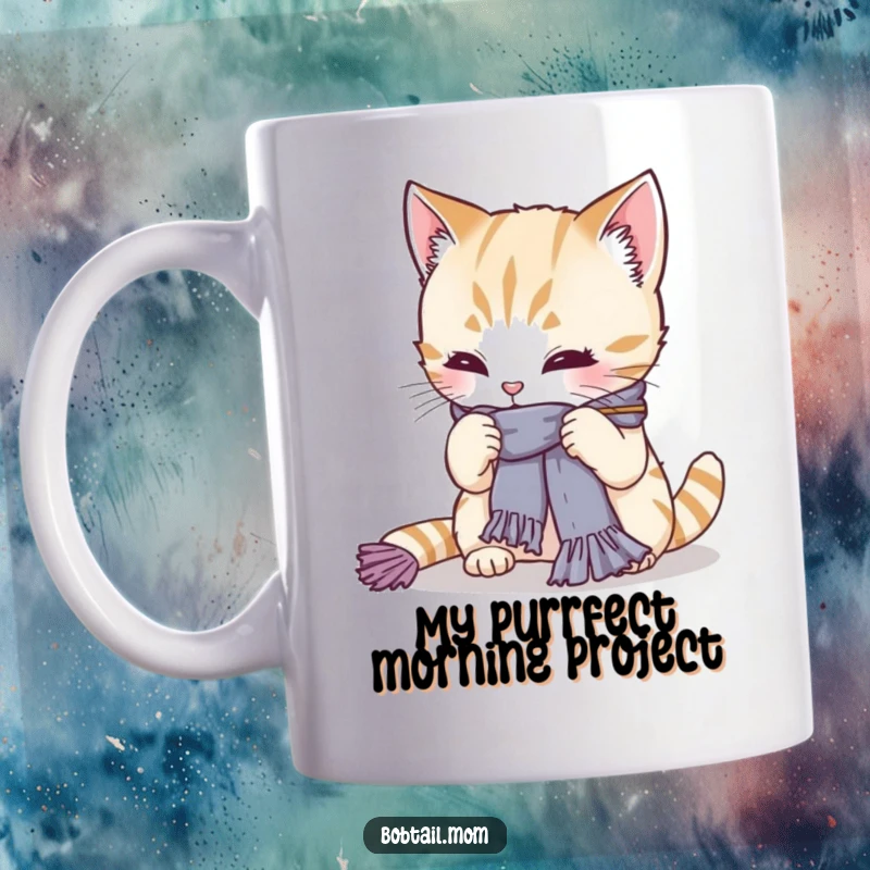 Funny Bobtail cat intently knitting a small scarf, yarn tangled, looking focused and determined. A whimsical and humorous gift idea for crafters.