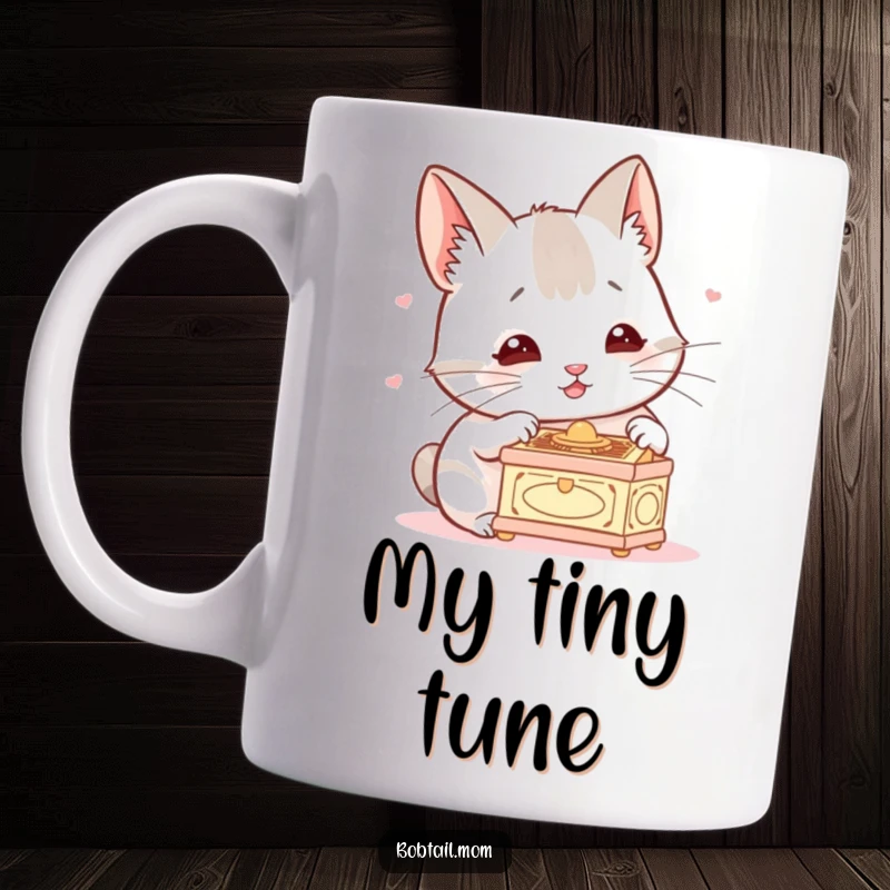 Funny Bobtail Mug with twitching ears, intently listening to a miniature music box, showcasing a moment of pure, adorable focus.