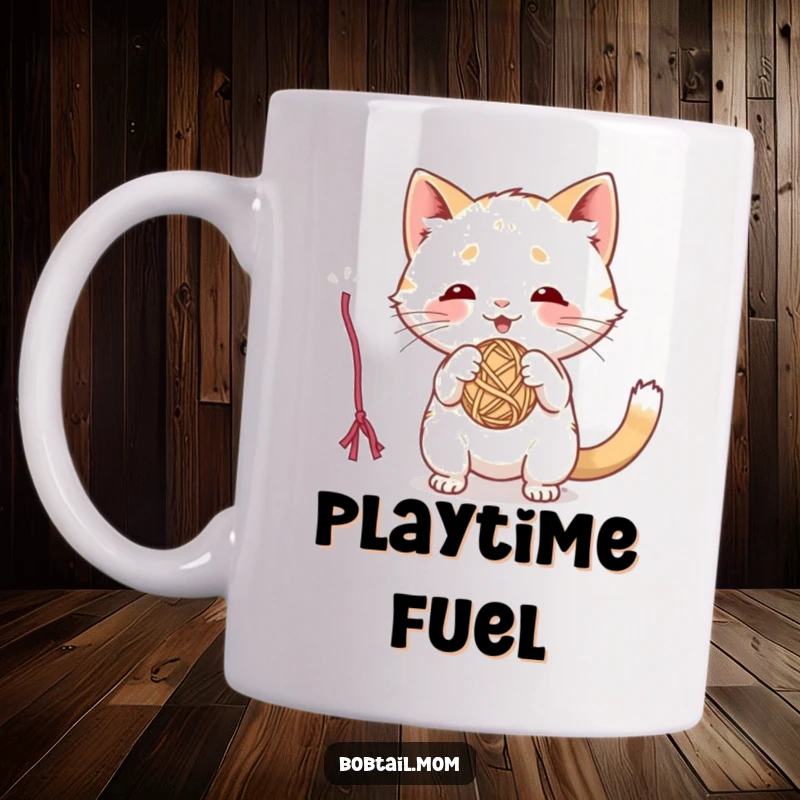 Funny mug featuring a playful Bobtail cat enthusiastically batting at a dangling ball of yarn, captured mid-play.