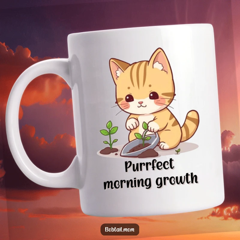 Funny bobtail cat with a gardening trowel, planting a small sprout, looking happy, perfect for a mug.