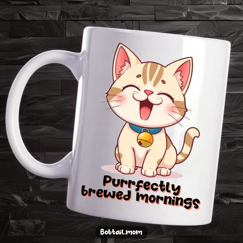 Funny Bobtail Cat Mug: A mischievous Bobtail cat with a bell collar strikes a cheeky pose, radiating playful cat energy.