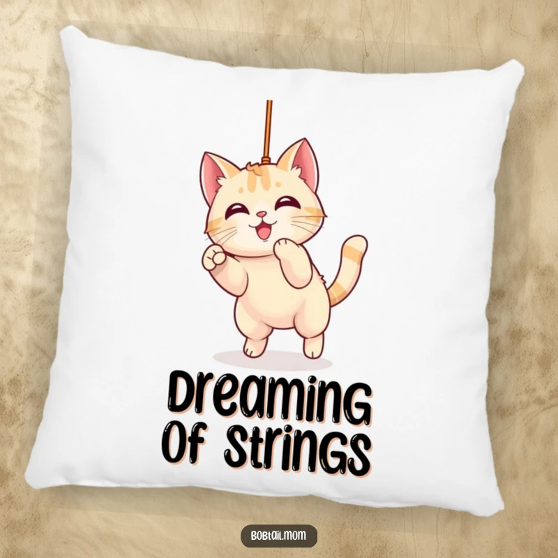 Funny Bobtail Cat Pillow with a cute kawaii feline character caught in an energetic leap while pouncing on a dangling string, soft and humorous decor.