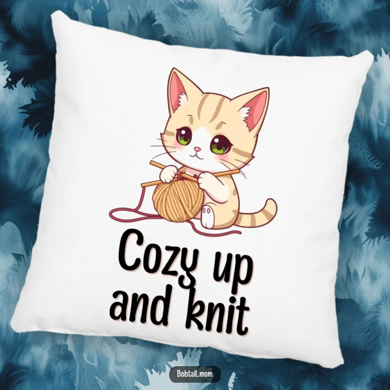 Funny bobtail cat knitting with yarn and needle, perfect for a soft and humorous crafting pillow.