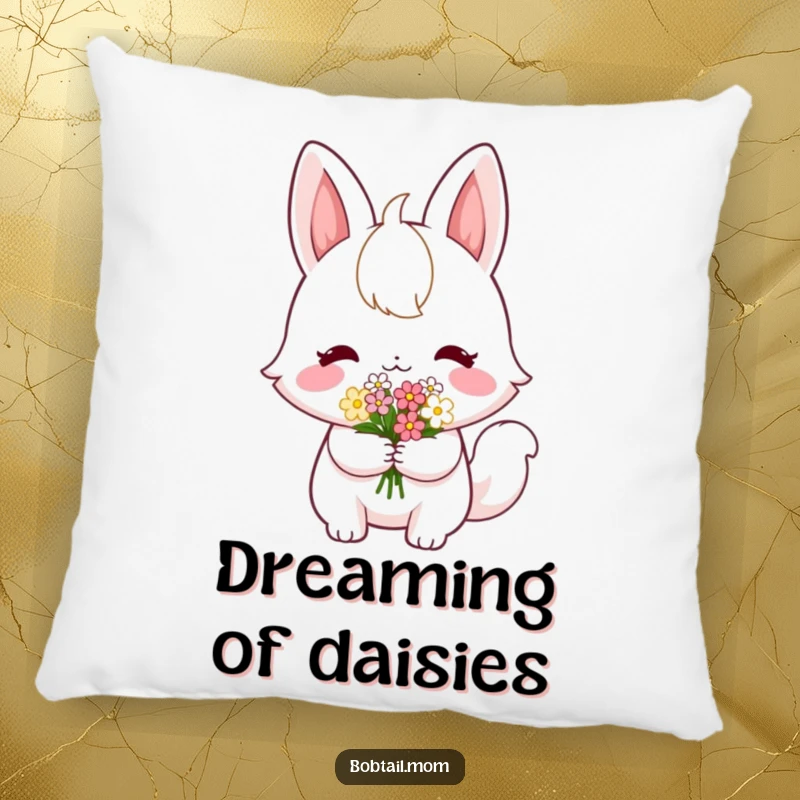 Funny Bobtail Pillow: A shy bobtail cat offering flowers, perfect for humorous and cozy home decor.