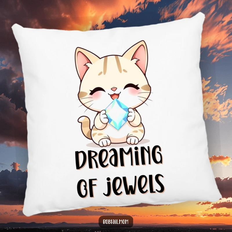 Funny Bobtail cat with a cheerful smile holding a sparkling gem, featured on a soft, plush pillow.