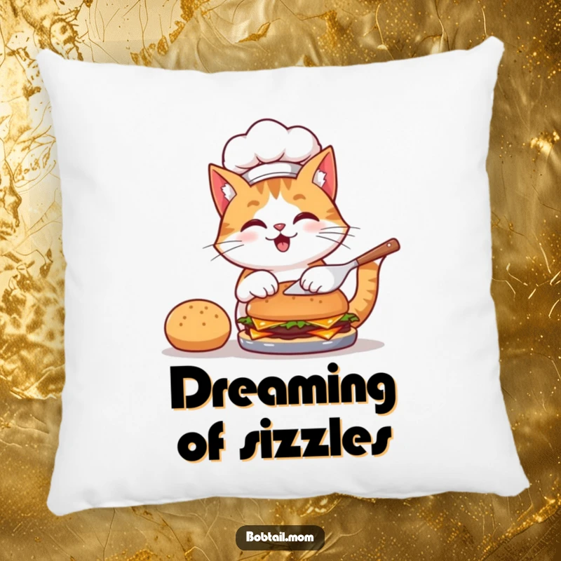 Funny pillow showing a bobtail cat chef in a hat, flipping a burger, adding a touch of kitchen humor to your decor.