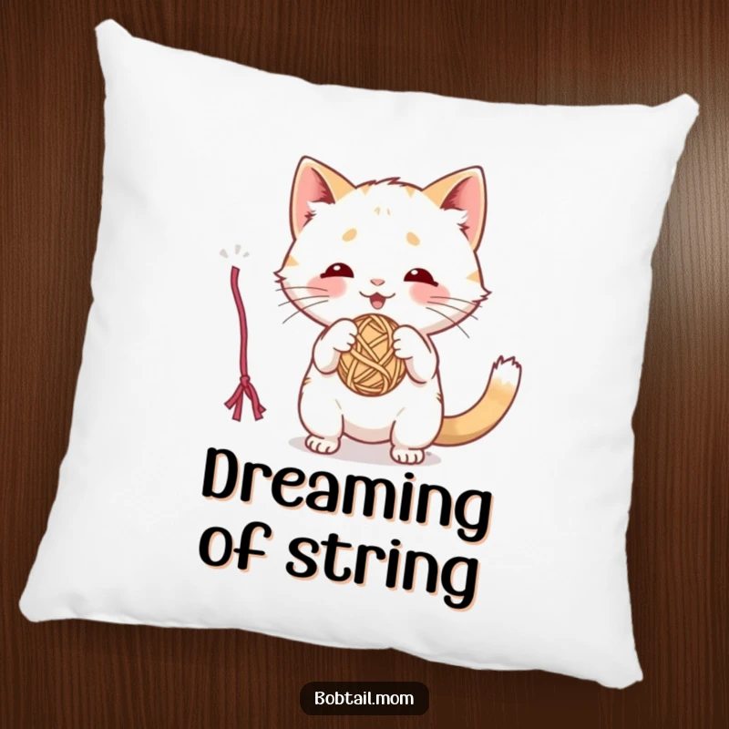 Funny pillow featuring a playful Bobtail cat batting at a dangling yarn ball, adding fun and comfort.