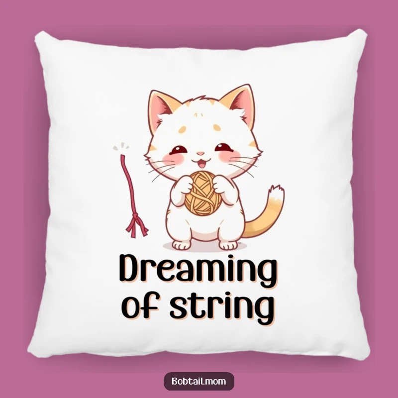 Funny Bobtail Cat Accent Pillow: Playful Cat Batting Yarn