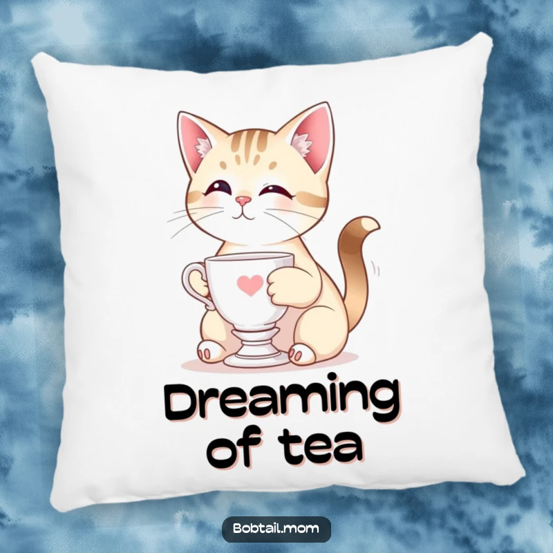 Funny Bobtail cat posing elegantly with a miniature teacup, making this plush pillow a sophisticated and humorous home accent.