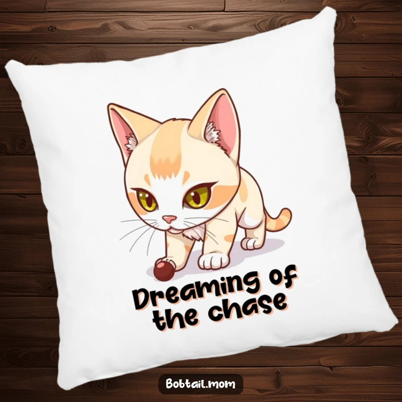 Funny Bobtail Cat Pillow featuring a determined Bobtail cat in stalk mode, offering both comfort and a humorous feline presence.