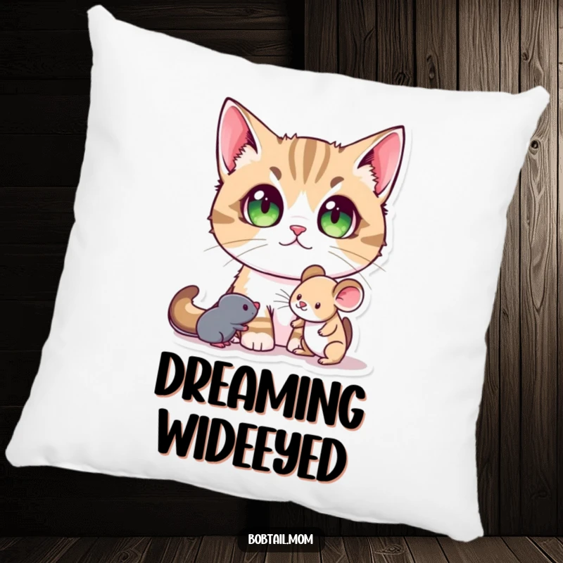 Funny Bobtail Cat Pillow featuring a Bobtail cat with large pupils, looking inquisitively at a toy mouse, offering soft charm.