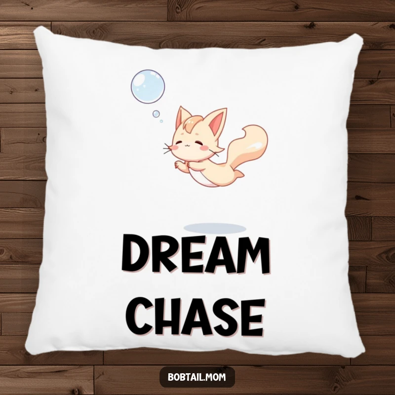 Funny Bobtail Throw Pillow featuring a dog in a graceful leap to catch a bubble, perfect for adding playful humor to any room.