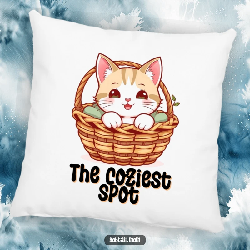 Funny pillow featuring a cheerful Bobtail cat peeking from a cozy basket, adding comfort and charm.