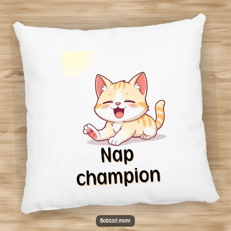 Funny pillow featuring a cute Bobtail cat stretching and yawning happily in a sunbeam, adding comfort and charm.