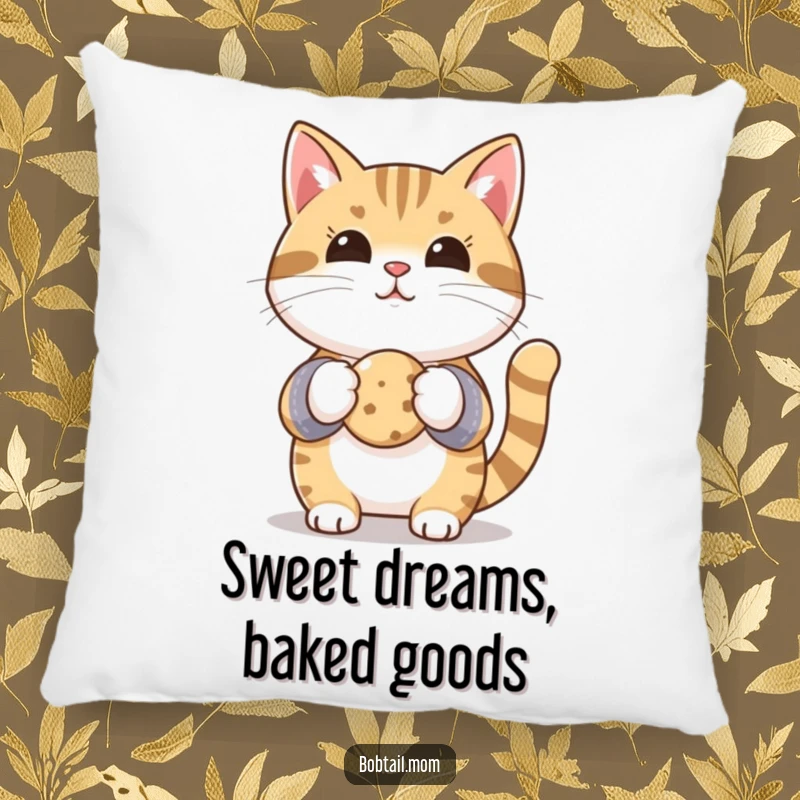 Funny Bobtail cat in oven mitts, holding a tiny cookie, offering plush and humorous comfort for bakers and cat fans.