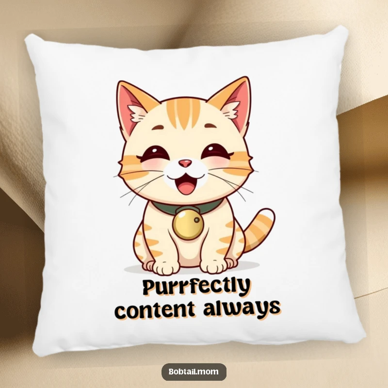 Funny Bobtail cat wearing a bell collar, purring loudly, featured on a plush decorative pillow.