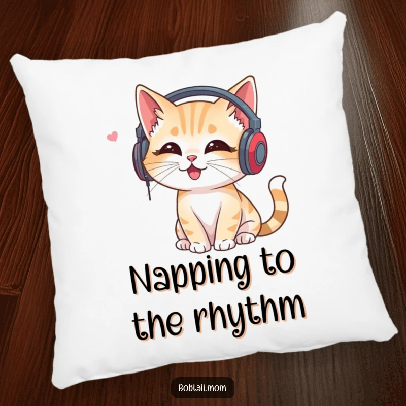 Funny Bobtail Cat Pillow: Cat with headphones, listening to music, offering comfort and humorous musical vibes.