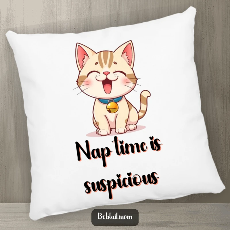 Funny Bobtail Cat Pillow: A mischievous Bobtail cat with a bell collar strikes a pose, offering plush comfort and feline humor.