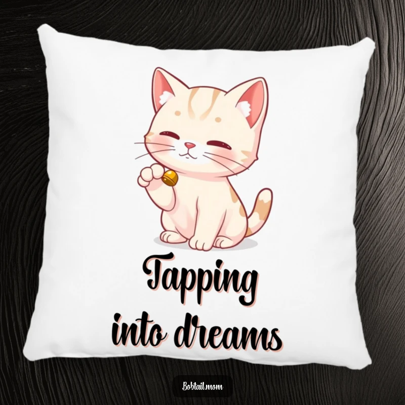 Funny Bobtail Cat Pillow featuring a Bobtail cat delicately tapping a bell with its dainty paw, offering soft, playful charm.