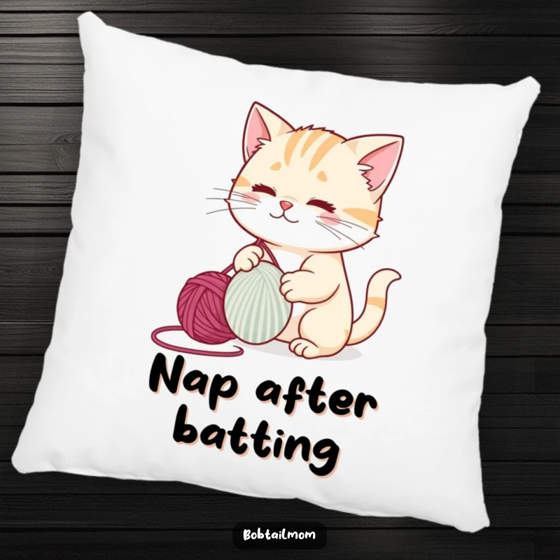 Soft and squishy pillow featuring a funny bobtail cat losing itself in a ball of yarn, a playful accent.