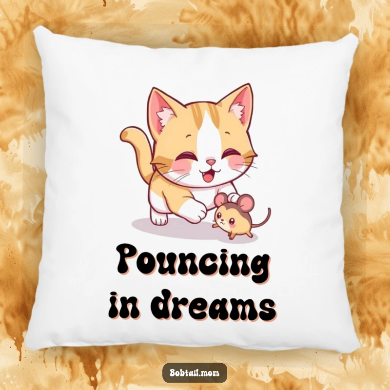 Funny Bobtail cat pillow featuring a jolly cat playfully pouncing on a toy mouse, offering soft, energetic feline comfort.