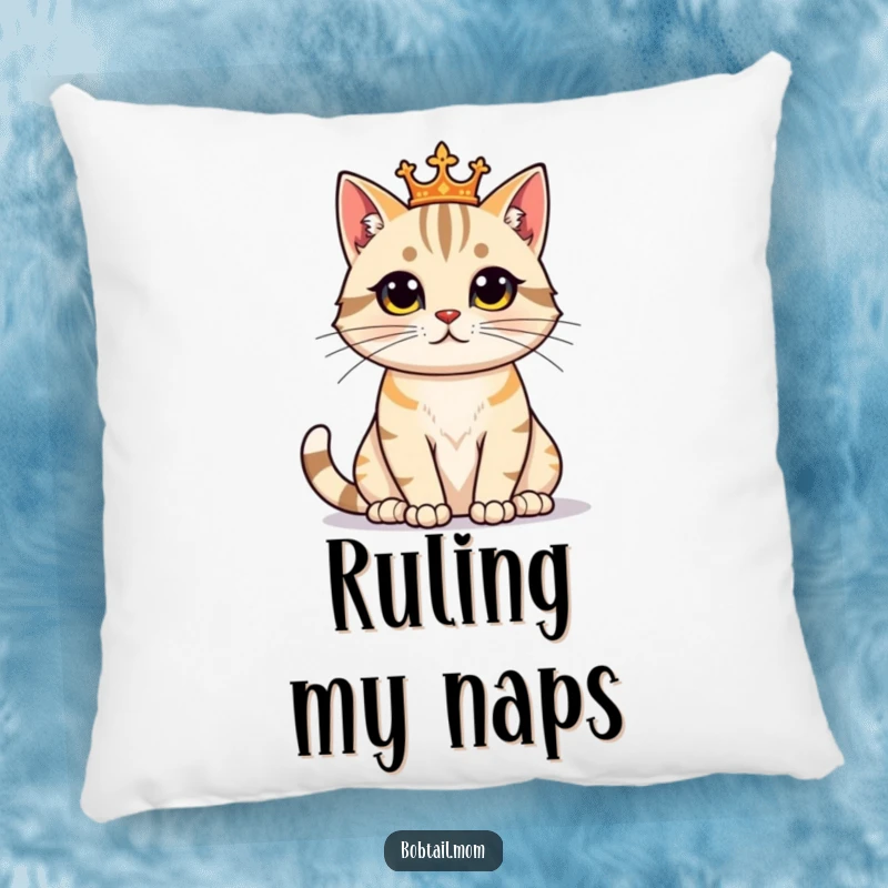 Funny Bobtail Cat Pillow featuring a proud feline sitting regally, offering humorous comfort and majestic style.