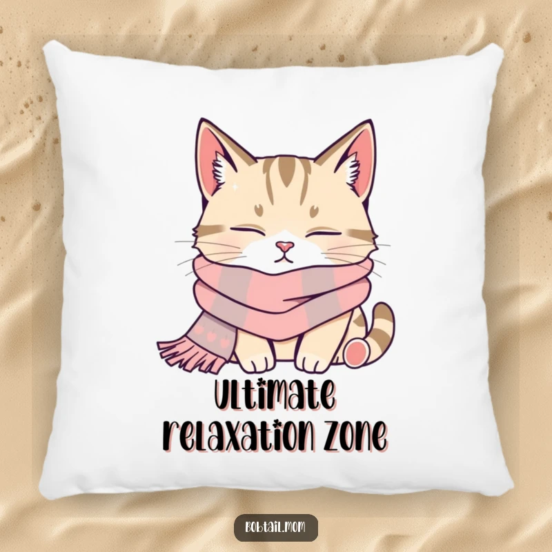 Soft pillow showcasing a funny bobtail cat wearing a scarf, deeply asleep and looking utterly content.