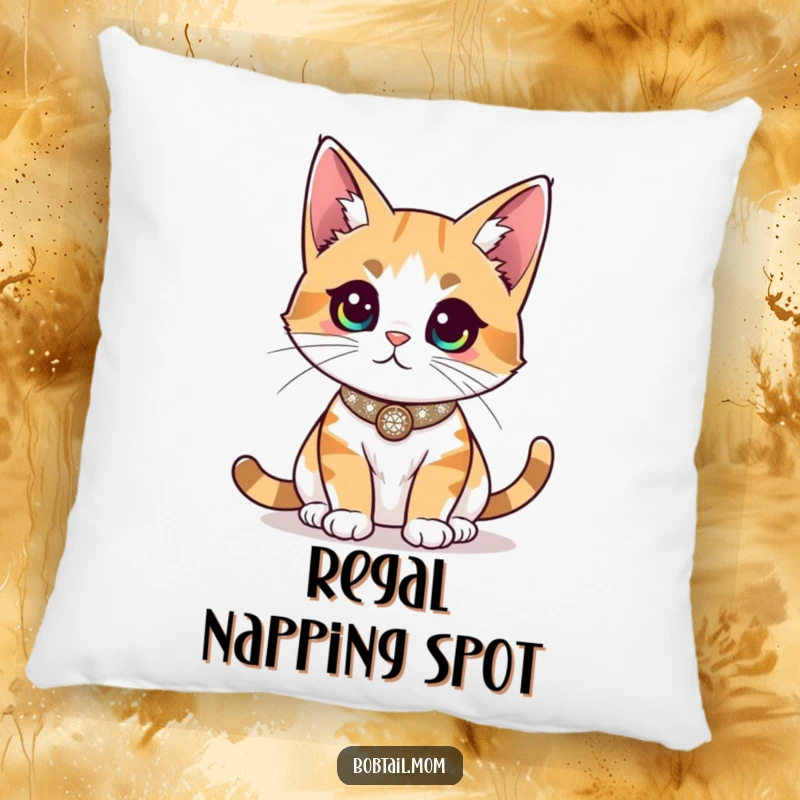 Funny Bobtail cat wearing a sparkly collar, surveying the room, offering plush and humorous royal comfort.