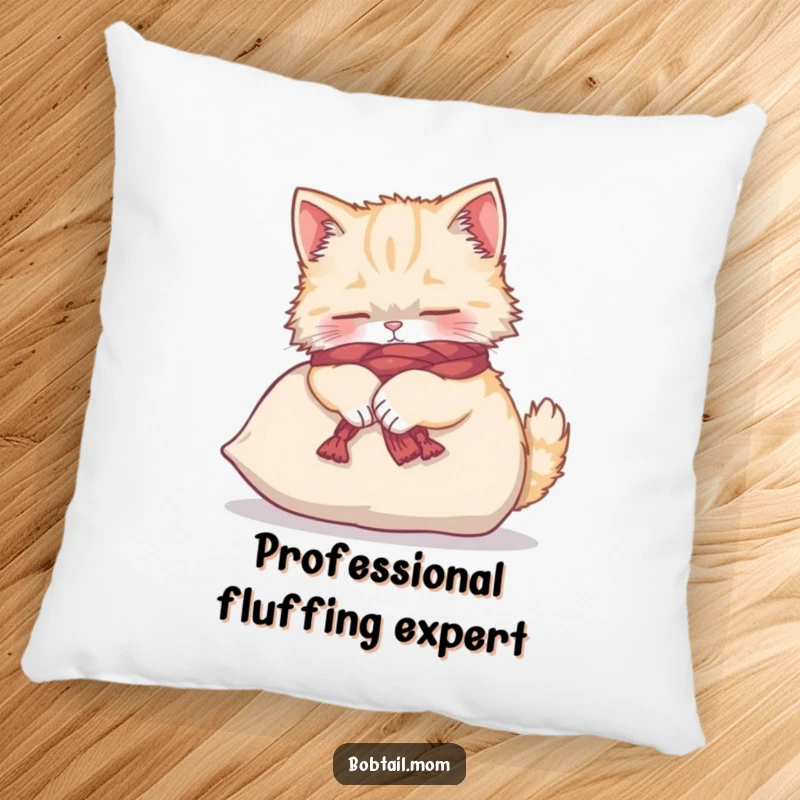 Funny Bobtail cat wearing a yarn scarf, kneading a soft cushion, featured on a plush decorative pillow.