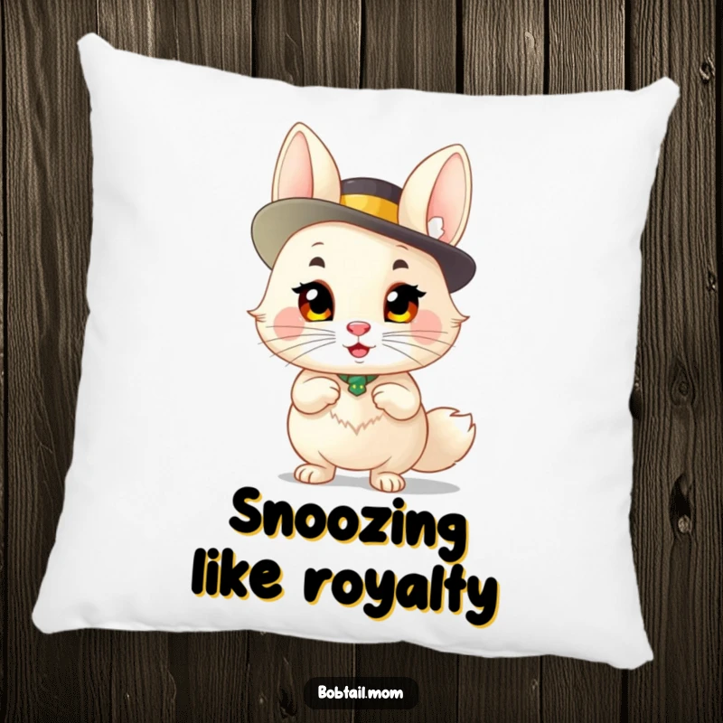 Funny Bobtail Pillow: A sassy bobtail cat wearing a fancy hat, perfect for humorous home decor and a cozy accent.